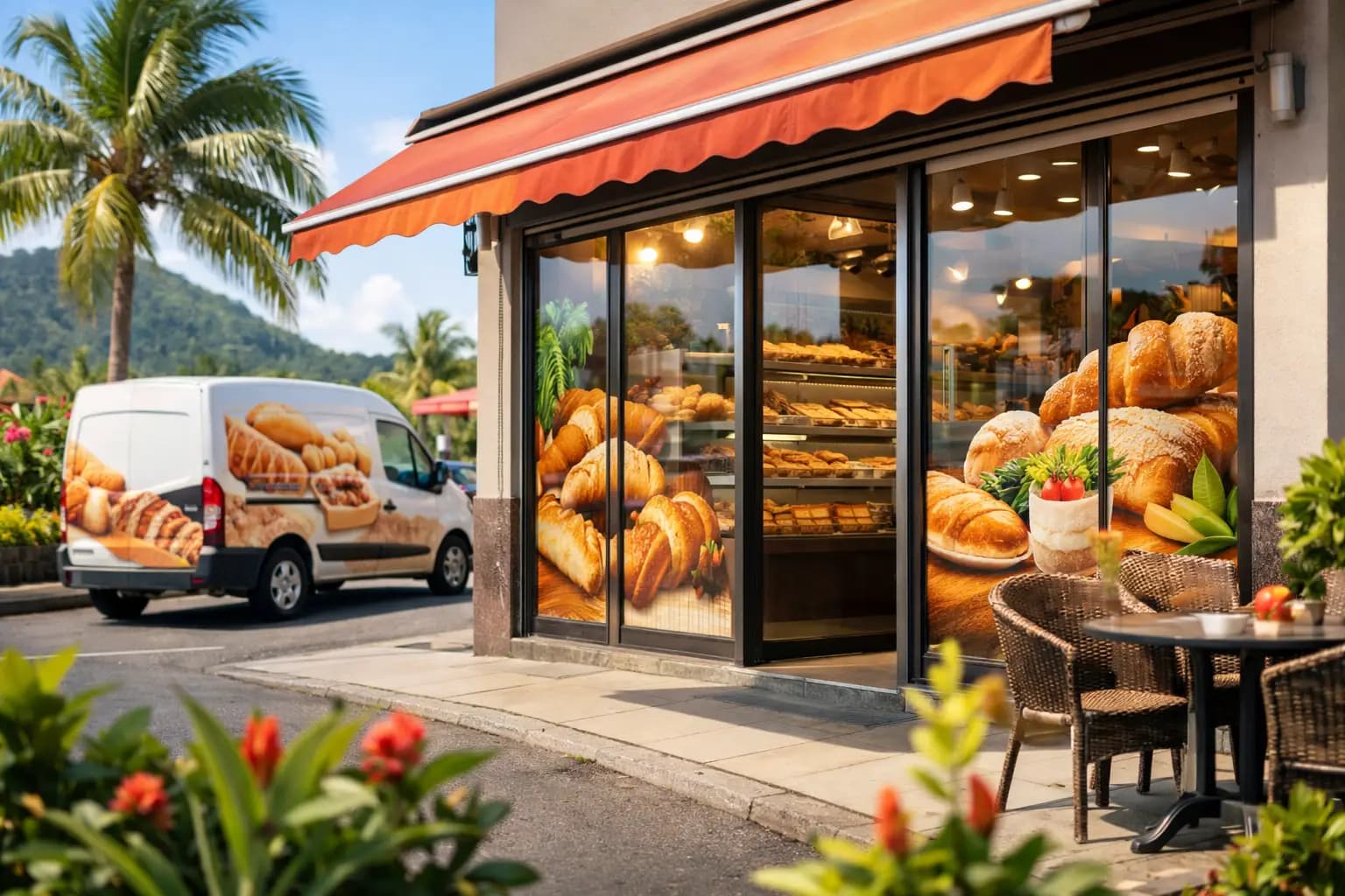 Habillage vitrine boulangerie Martinique efficace